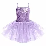 IWEMEK Kinder Ballettkleidung Mädchen Ballettkleid Ärmellos Pailletten Balletttrikot Ballettanzug Tanzkleid Tanzbody mit Tütü Rock Ballettrock Gymnastik Tanzbekleidung Violett 5-6 Jahre