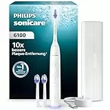 Philips Sonicare 6100 elektrische Zahnbürste, Schallzahnbürste mit 2 Putzmodi, 3 Intensitätsstufen, Andruckkontrolle, EasyStart, SmarTimer, Reiseetui, Weiß, Modell HX7400/02 [Neue Technologie]