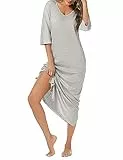 Uniexcosm Nachthemd Damen Lange Baumwolle 3/4 Ärmel Nachtkleid Nachtwäsche V-Ausschnitt Freizeitkleid Loose Fit Sleepshirt Sleepwear mit Taschen E: Hellgrau XXL