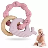 Vicloon Beißring Baby, Beißspielzeug Zahnungshilfe aus Silikon & Holz, BPA-frei, Waltierform, Zahnen Nursing Zubehör für ab 3 Monaten Babys, Mädchen Junge Geschenk (Wal-Rosa)