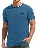 iClosam T-Shirt Herren Baumwolle Kurzarm Rundhals Color-Blocking Ärmeln Shirts Männer Sommer mit Dekorative Tasche,Blau,XL