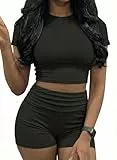 IWOLLENCE Lounge Set Damen Loungewear Sommer Zweiteiler Hausanzug Kurzarm Oberteil mit Breitem Elastischem Hosenbund und Shorts Sport Set (Schwarz, S)