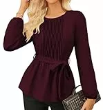 Damen Blusen Langarm Rundhal Tunika Elegante Oberteile Loose Fit Freizeit Top mit Taschen Weinrot L
