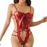 Sexy Damen Dessous Set, Spitze Riemchen Bodysuit mit Bogen, Bodysuit Offen Lingerie Unterwäsche Set, Bequemer Stoff und hohles Design, perfekt für Valentinstag(Rot)