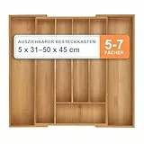 Relaxdays Besteckkasten, 5–7 Fächer, ausziehbarer Besteck Schubladeneinsatz, HxBxT: 5 x 31-50 x 45 cm, Bambus, Natur