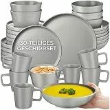 tectake® 30-tlg. Kombiservice, Geschirrset, Tafelservice 6 Personen, Steingut Geschirr Set, Teller Set mit Schalen, Kaffeetassen, Speiseteller, Frühstücksteller, tiefe Teller und Schüsseln - grau