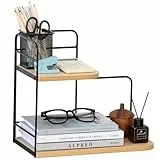 Safona 2 Ebenen Schreibtisch Regal Organizer, Büro-Bücherregale, Mini Tischregal, Gewürzregal Holz, Kosmetik Organizer, Metall und Holzwerkstoff, Kleines Regal für Küche, Wohnzimmer, Naturbeige