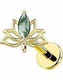 OUFER Body Piercing Lip Stud: Titanium Lotus Cartilage Earring 18G(1.0mm) Threadless Labret Bar with CZ/Moss Agate Helix Tragus Nose Lip Piercing Jewelry
