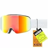 uvex pwdr FM - stylische, verspiegelte Skibrille mit weitem Sichtfeld und Anti-Fog-Beschichtung mit ausgewachsenen Features für Kinder - white matt/rainbow-clear - one size
