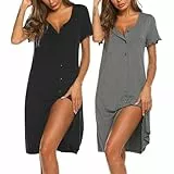 Ekouaer 2er Nachthemd Damen Kurzarm Knöpfen Schlafshirt Kurz Sleepshirt Knopfleiste Nachtwäsche, Schwarz + Grau XL