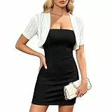 ZLIGXEA Bolero Damen Kurze Strickjacke Kurzarm Rippstrick Vorne Offen Crop Cardigan Leichte Sommerjacke Elegant Jäckchen Festlich Schulterjacke für Kleider Beigeweiß L
