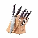 PAUDIN Messerblockset 8-teilig Damast Messer Set mit Holzgriff Kochmesser Santokumesser Brotmesser Allzweckmesser Gemüsemesser Küchenschere Wetzstahl mit Messerblock Küchenmesserset