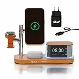 Kabellose Ladestation 5-in-1 mit Wecker, Bluetooth-Lautsprecher & LED-Nachtlicht für MagSafe von MMOBIEL – 25W Qi2.2 Magnetisches Kabellose Ladegerät für iPhone, Apple Watch & AirPods – Cosmic Orange
