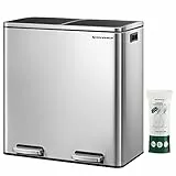 SONGMICS Mülleimer, 2 x 30 Liter, 2 Fächer, Mülltrennsystem, Treteimer, Abfalleimer Küche, 15 Müllsäcke, Metall, Inneneimer aus Kunststoff, Klappdeckel, Softclose, luftdicht, silbern-schwarz LTB60NL