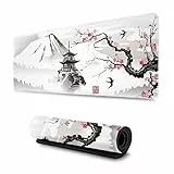 Gaming-Mauspad XL, „japanische Pagode und Kirschblütenzweig“ Motiv, übergroßes Mauspad, Schreibtischunterlage, Mauspad mit genähten Kanten, Lange rutschfeste Kautschuk-Unterseite, 80 x 30 cm, Acryl