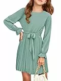 Haloumoning Mädchen Kleid Elegant Langarm Kleider Kids A-Linie Faltenrock Rundhals Fließender Midi Kleid, Grün, 13-14 Jahre