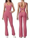 Tanou Yoga Jumpsuit Damen Ärmellos Sexy Rückenfreit Bodycon Sport Jumpsuits Einteilig Rose Rosa XL 46-48