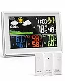 BALDR Wetterstation Funk mit 3 Außensensoren, DCF Farbbildschirm Wetterstation mit Wettervorhersage, Innen Außen Digital Thermometer Hygrometer Barometer und Benutzerdefinierte Alarme (Weiß)