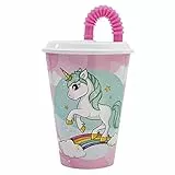 430 ml Einhörner - Regenbogen Mehrwegbecher für Kinder mit Deckel und Strohhalm - Regenbogen