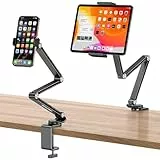 OMOTON Aluminium Tablet Halterung Tisch, 360° Drehbarer Tablet Ständer Bett, Verstellbarer Handyhalter mit Stabiler Arm, Höhenverstellbarer, kompatibel mit iPhone/iPad Pro/Tablets bis zu 12', Schwarz