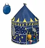 Relaxdays Spielzelt Mond & Sterne, für Kinder, Indoor, HD 135x100 cm, Kinderzelt, Eingang mit Klettverschluss, blau/gelb