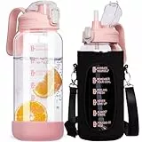 DEARRAY 1.5l Trinkflasche Glas mit Strohhalm & Zeitmarkierung 1.5 liter Große Motivation Glasflasche mit Uhrzeit auslaufsicher bpa frei Wasserflasche Glaskaraffe mit Deckel Glaskanne