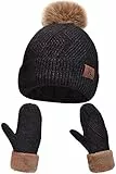 Maylisacc Bommelmütze Fäustlinge Damen Winter, Thermo Fausthandschuhe Frauen Handschuhe und Mütze mit Bommel Winterset Damen Schwarz