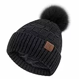 ZASFOU Damen Winter Mütze Beanie mit Fleecefutter Warme Plaid Pompom Wintermütze Thermo Strickmütze Mützen für Frauen Geschenk
