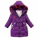 linboo Mädchen Winterjacke Kinder Wintermantel Dicke Steppjacke Lange Warme Parka Baumwolljacke Outdoor Mantel mit Fellkapuze und Love Stickdruck, Lila, 152-158 (Etikettengröße: 160)