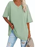 Ebifin Damen Oversize T Shirt mit V-Ausschnitt Kurzärmeliges Casual Lockere Basic Sommer Tee Shirts Bluse.Hellgrün.XXL