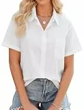 UMIPUBO Musselin Bluse Damen Sommer 100% Baumwolle Damenblusen Kurzarm Oberteile V-Ausschnitt Blusenshirt Hemdbluse Casual Shirts Leicht Sommerblusen Elegant Basic Knöpfen Tunika Tops (Weiß, XXL)