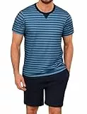 Leversic Schlafanzug Herren Kurz aus Baumwolle mit Kontraststreifen Design, Sommer Pyjama Set Oberteile und Kurze Hosen für Vater und Partner, 470-Blau, L