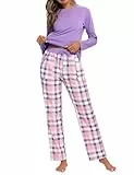 Uniexcosm Schlafanzug Damen Baumwolle Pyjama Set Lang Zweiteiliger Nachtwäsche Raglanärmel Sleepwear und Karierte Pyjamahose Hausanzug Freizeitanzug Stil 1:Lila M