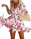 Imily Bela Sommerkleid Damen V Ausschnitt Kurzarm Strandkleid Knielang Blumen A-Linie Drucken Kleid(A-Rot,XL)