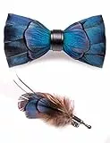JEMYGINS Handgemacht Hochzeit Party Leder Feder Fliege Blau 2 Fliegen mit Geschenkbox Set für Herren In mehreren Farben(29)
