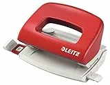 Leitz Mini Büro Locher aus Metall, kleiner Locher für 10 Blatt, Anschlagschiene mit Formatangaben, Ergonomisches Design, rot, 50580025