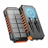 27000mah Wireless Solar Power Bank - A ADDTOP 22.5W Schnelles tragbares Solar-Ladegerät mit 2 eingebauten Kabeln & 2 Taschenlampen, USB C PD QC 3.0 Externer Akku für Telefon und Tablet