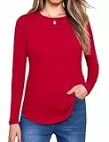 Aottori Dünne Pullover Damen Langarmshirt Baumwolle Rundhals Elegant Stretch Oberteile Lose T-Shirt Einfarbig Basic Top Frühling Herbst Rot XL