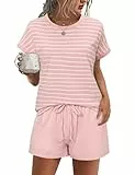 Litherday Damen Schlafanzug Kurz Pyjama Set Baumwolle Rundhals Zweiteiliger Nachtwäsche Hausanzug Gestreift Loungewear mit Taschen Rosa S