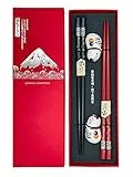 Sushi Essstäbchen Set Katze 2 Paar inklusive Keramik-Unterleger Cat Premium Holz Nachhaltig Japanisch Chinesisch Koreanisch Taiwanesisch