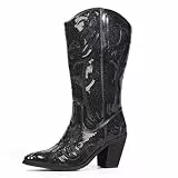 Hawkwell Damen-Western-Cowboystiefel mit Pailletten, wadenlang, hochmodisch, zum Überziehen, Reißverschluss, spitze Zehenpartie, bestickt, hohe Cowgirlstiefel, Schwarz, EU 42