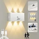 VOMI Akku Wandleuchte Innen mit Bewegungsmelder Ohne Stromanschluss LED, USB Aufladbare Wandlampe Kabellos Up Down 6 Lampenköpfe Wandbeleuchtung mit 4000mAh Batterie Magnetische für Flur Treppe