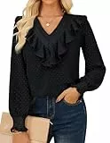Damen Tops Sommer Elegante Plissee Bluse Damen Langarm T-Shirt Schwarz M
