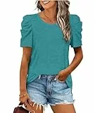 XIEERDUO Top Damen Puffärmel T Shirt Damen Elegant Oversized Oberteile Rundhals Ausschnitt Türkis L