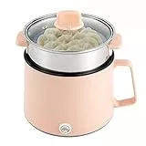 '1.7L tragbare Antihaft Topf, elektrischer Multikocher mit doppelter Leistungssteuerung für Stir Fry, Steak, Pasta, Ramen-Kocher Wohnheim (Rosa + Dampfgarer) '