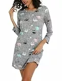 ENJOYNIGHT Nachthemd Damen Langarm Baumwolle Schlafshirt Print Sleepshirt Frauen Nachtwäsche Nachtkleid(X-Large,Graue Eule)