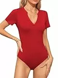 Missufe Damen Sommer Body V-Ausschnitt Kurzarm Figurbetonte Freizeit T-Shirt Bodysuit Tops (Rot, XX-Groß)