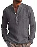 Kvruhuiy Herren Beiläufige Einfarbig Langarm Baumwolle Leinen Hemden Summer Beach Shirts Dunkelgrau XL