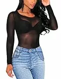 MAYFASEY Damen Basic Langarm Mesh Sheer Tops Durchsichtige Bluse Clubwear, Schwarz, XXL