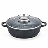 GSW Gourmet Servierpfanne aus Granit mit Aroma Glasdeckel, Pfanne Induktion mit kratzfester Antihaftbeschichtung, Bräter mit Deckel, Bratpfanne 24 cm, Schwarz